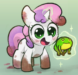 Size: 1187x1145 | Tagged: safe, artist:dawnfire, edit, sweetie belle, frog, pony, unicorn, animal, blushing, cropped, cute, diasweetes, dirty, female, filly, glowing horn, magic, mud, open mouth, simple background, smiling, solo, sweetie belle's magic brings a great big smile, telekinesis, weapons-grade cute, wide eyes