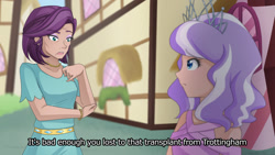 Size: 1280x721 | Tagged: safe, artist:jonfawkes, diamond tiara, spoiled rich, human, crusaders of the lost mark, bracelet, caption, clothes, drama, humanized, necklace, open mouth, scene interpretation, talking