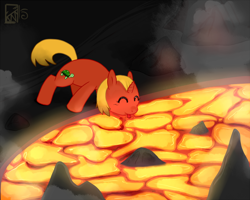 Size: 800x640 | Tagged: safe, artist:kinla, derpibooru import, oc, oc only, oc:fireshell, pony, tortoise, unicorn, cave, filly, fireshell, lava, tongue out