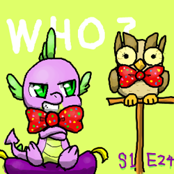 Size: 317x317 | Tagged: safe, artist:yajima, derpibooru import, owlowiscious, spike, dragon, owl's well that ends well, bowtie, pixiv, ust