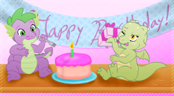 Size: 1505x832 | Tagged: safe, artist:scorpio-gustavo, derpibooru import, spike, oc, oc:jade, dragon, cake, text