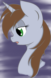 Size: 1024x1552 | Tagged: safe, artist:candy-muffin, derpibooru import, oc, oc only, oc:littlepip, pony, unicorn, fallout equestria, abstract background, bust, fanfic, fanfic art, female, horn, mare, open mouth, portrait, profile, solo