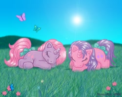 Size: 600x477 | Tagged: safe, artist:moogleymog, derpibooru import, sniffles, snookums, butterfly, g1, baby sniffles, baby snookums, bow, incorrect leg anatomy, newborn twins, sleeping