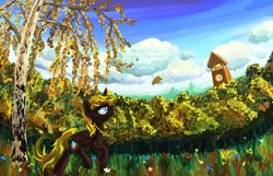 Size: 1400x900 | Tagged: safe, artist:equie, artist:sapsan, derpibooru import, oc, oc only, oc:equie, alicorn, pony, alicorn oc, autumn, bell, clock, clock tower, flower, forest, grass, leaf, leaves, necklace, ponyville tower, solo, tree