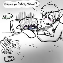 Size: 720x720 | Tagged: safe, artist:deyogee, derpibooru import, pony, 3ds, achievement hunter, bed, blanket, blushing, box, cup, dialogue, drink, gavin free, male, michael jones, monochrome, pillow, ponified, rooster teeth, sick, sketch, soup, stallion, tissue, tissue box