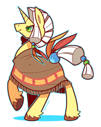 Size: 480x600 | Tagged: safe, artist:zhampy, derpibooru import, oc, oc only, oc:racing diamond, pony, unicorn, clothes, feather, male, poncho, solo, stallion, unshorn fetlocks