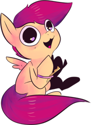 Size: 708x963 | Tagged: safe, artist:spanish-scoot, derpibooru import, scootaloo, exploitable, high, preguntascootaloo, solo