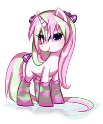 Size: 1408x1690 | Tagged: safe, artist:pepooni, derpibooru import, oc, oc only, oc:rosy cheeks, pony, unicorn, bow, clothes, female, mare, socks, solo, striped socks, tail bow, wet