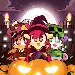 Size: 1000x1000 | Tagged: safe, artist:php56, derpibooru import, apple bloom, scootaloo, sweetie belle, chibi, creeper, cutie mark crusaders, minecraft, witch