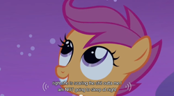 Size: 640x355 | Tagged: safe, derpibooru import, screencap, scootaloo, sleepless in ponyville, caption win, meme, solo, vulgar, youtube caption