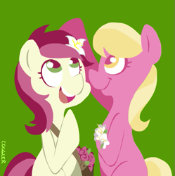 Size: 675x679 | Tagged: safe, artist:coggler, derpibooru import, lily, lily valley, roseluck, pony, bipedal, flower, rose