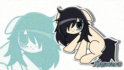 Size: 1024x576 | Tagged: safe, artist:kasocora, derpibooru import, earth pony, pony, bags under eyes, blank flank, female, floppy ears, hair over one eye, mare, messy mane, ponified, signature, sitting, solo, tomoko kuroki, watamote