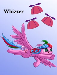 Size: 1200x1569 | Tagged: safe, artist:starbat, derpibooru import, whizzer, pegasus, pony, g1, blue background, bow, cutie mark, flying, gradient background, simple background, solo, spread wings, tail bow, tongue out, wings