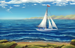 Size: 4590x2970 | Tagged: safe, artist:viwrastupr, oc, oc only, oc:gyro tech, oc:seaward skies, pegasus, pony, unicorn, absurd file size, beach, boat, cloud, ocean, sailboat, sailing, scenery, seascape, shipping, shore, sky, smiling, wave
