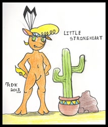 Size: 443x520 | Tagged: safe, artist:rdk, derpibooru import, little strongheart, anthro, buffalo, barbie doll anatomy, calf, desert, solo, traditional art