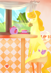 Size: 1024x1448 | Tagged: safe, artist:kicked-in-teeth, derpibooru import, g1, chair, crumpet, crumpet (griddle cake), eating, sitting, solo, table, tea, teacup, teapot, window