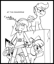 Size: 615x720 | Tagged: safe, artist:rdk, derpibooru import, apple bloom, scootaloo, sweetie belle, crossover, cutie mark crusaders, filly, foal, link, monochrome, nintendo, the legend of zelda, video game