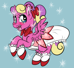 Size: 450x412 | Tagged: safe, artist:srsishere, derpibooru import, princess skyla, alicorn, pony, blushing, clothes, cosplay, costume, filly, madoka kaname, nightmare night, puella magi madoka magica, solo, sparkles