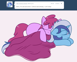 Size: 840x674 | Tagged: safe, artist:skoon, derpibooru import, berry punch, berryshine, minuette, ask, ask berry punch, berrygate, blanket, female, lesbian, shipping, sleeping