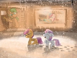 Size: 2048x1536 | Tagged: safe, artist:fuzzyfox11, derpibooru import, scootaloo, sweetie belle, chest fluff, parent, scootaloo's parents, snow, snowfall, winter