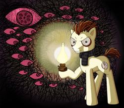 Size: 1000x872 | Tagged: safe, artist:zaza-fabelisto, derpibooru import, earth pony, pony, bags under eyes, clothes, eyes, knock-knock, lamp, ponified, scarf, solo, spooky, the lodger