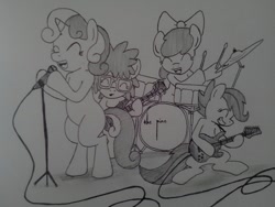 Size: 960x720 | Tagged: safe, artist:thecawofcrows, derpibooru import, apple bloom, scootaloo, sweetie belle, twist, cutie mark crusaders, drums, guitar, microphone, singing