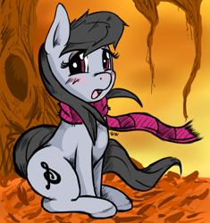 Size: 658x701 | Tagged: safe, artist:silver1kunai, derpibooru import, earth pony, pony, blushing, clothes, scarf, sitting, solo