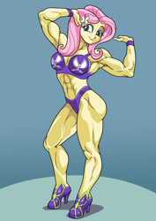 Size: 2480x3508 | Tagged: safe, artist:art-2u, fluttershy, equestria girls, abs, biceps, bikini, bodybuilder, clothes, commission, female, flexing, high heels, muscles, muscleshy, muscular female, pose, shoes, simple background, smiling, solo, swimsuit