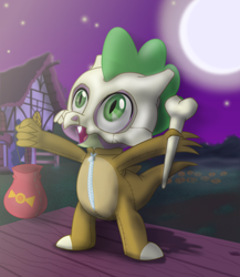 Size: 1560x1800 | Tagged: safe, artist:evil-dec0y, derpibooru import, spike, dragon, baby, baby dragon, bag, bone, clothes, costume, crossover, cubone, cute, fangs, green eyes, house, looking up, male, moon, night, nightmare night, pokémon, smiling, solo, spikabetes, zipper