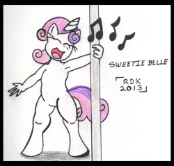 Size: 530x507 | Tagged: safe, artist:rdk, derpibooru import, sweetie belle, anthro, unguligrade anthro, unicorn, hearts and hooves day (episode), eyes closed, featureless crotch, female, hearts and hooves day, music notes, pole dancing, singing, solo, stripper pole, traditional art