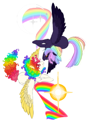 Size: 1818x2532 | Tagged: safe, artist:toastiepony, derpibooru import, oc, oc only, oc:eventide crescent, oc:morningstar prism, alicorn, pony, alicorn oc, duo, female, flying, mare, moon, rainbow, rainbow hair, sun
