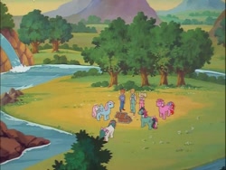 Size: 718x540 | Tagged: safe, derpibooru import, screencap, danny williams, fizzy, galaxy (g1), gusty, megan williams, molly williams, wind whistler, human, twinkle eyed pony, g1, my little pony 'n friends, mountain, river, scenery, treasure chest, tree, valley