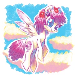 Size: 1200x1200 | Tagged: safe, artist:needsmoarg4, derpibooru import, pegasus, pony, g3, cloud, cloudy, daisy may, floral head wreath, flying, g3 to g4, generation leap, solo