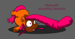 Size: 1311x691 | Tagged: safe, artist:fluffsplosion, derpibooru import, fluffy pony, pompadour, solo, stuck, stupidly large hair