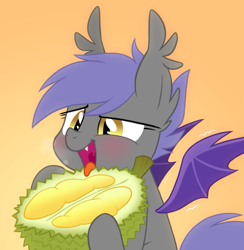 Size: 803x824 | Tagged: safe, artist:equestria-prevails, derpibooru import, oc, oc only, oc:midnight blossom, bat pony, pony, blushing, cute, durian, eating, fangs, food, fruit, herbivore, lidded eyes, open mouth, panting, smiling, solo, spread wings, tongue out, wingboner