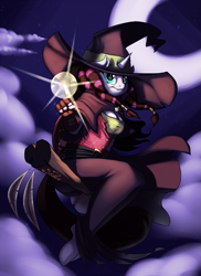Size: 945x1300 | Tagged: safe, artist:siden, derpibooru import, oc, oc only, oc:sixtoh, anthro, unguligrade anthro, unicorn, anthro oc, broom, clothes, cloud, crescent moon, flying, flying broomstick, glowing hands, moon, solo