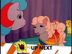 Size: 400x300 | Tagged: safe, derpibooru import, edit, screencap, baby lickety split, baby lofty, buttons (g1), earth pony, pony, g1, my little pony: the movie (g1), angry, crossover, crying, female, inappropriate timing spongebob banner, mare, meme, sad, spongebob squarepants