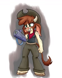 Size: 1040x1300 | Tagged: safe, artist:heir-of-rick, arizona cow, anthro, cow, unguligrade anthro, them's fightin' herds, augmented, bandana, clothes, cloven hooves, community related, female, gun, gun arm, prosthetic limb, prosthetics, solo, weapon