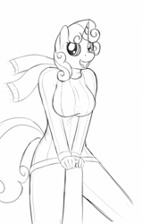 Size: 511x800 | Tagged: safe, artist:devs-iratvs, derpibooru import, sweetie belle, anthro, breasts, clothes, female, monochrome, older, scarf, sketch, solo, sweater, sweetie boobs