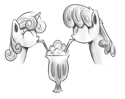 Size: 800x634 | Tagged: safe, artist:xioade, derpibooru import, cheerilee, sweetie belle, earth pony, pony, unicorn, duo, duo female, female, milkshake, monochrome, sketch