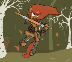 Size: 1400x1200 | Tagged: safe, artist:php49, derpibooru exclusive, derpibooru import, oc, oc only, pony, unicorn, archery, armor, arrow, bipedal, bow (weapon), bow and arrow, glare, jumping, magic, solo, telekinesis, tree bark