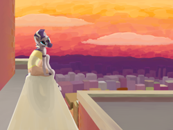 Size: 6000x4500 | Tagged: safe, artist:pashoo, derpibooru import, zecora, anthro, zebra, absurd resolution, city, cityscape, lineless, painting, roof, solo, sunset
