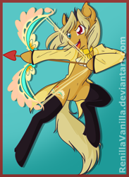 Size: 730x1000 | Tagged: safe, artist:renillavanilla, derpibooru import, oc, oc only, arrow, belly button, bow (weapon), bow and arrow, crossover, dewman, phantasy star, solo, weapon