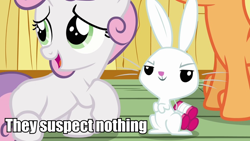 Size: 960x540 | Tagged: safe, derpibooru import, angel bunny, scootaloo, sweetie belle, caption, part of scootaloo