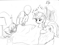 Size: 800x611 | Tagged: safe, artist:dj-black-n-white, derpibooru import, lyra heartstrings, oc, oc:anon, oc:hope, human, pony, satyr, unicorn, bed, daughter, eyes closed, family, father, female, grayscale, harp, levitation, lullaby, magic, male, mare, monochrome, mother, musical instrument, offspring, parent:lyra heartstrings, singing, sleeping, telekinesis, traditional art