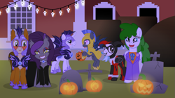 Size: 1247x702 | Tagged: safe, artist:askbritanniamlp, derpibooru import, oc, oc:svelte, bat pony, pony, ask britannia, clothes, costume, harley quinn, jack-o-lantern, night guard, nightmare night, pumpkin, royal guard, the joker