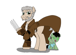 Size: 3508x2552 | Tagged: safe, artist:edcom02, artist:jmkplover, earth pony, pegasus, pony, bruce banner jr., claws, clothes, coat, foal, logan, marvel, old man logan, ponified, simple background, the incredible hulk, transparent background, trenchcoat, wolverine, x-men