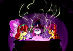 Size: 3580x2504 | Tagged: safe, artist:keaton-corrine, derpibooru import, apple bloom, scootaloo, sweetie belle, breezie, cauldron, clothes, costume, cutie mark crusaders, dark, glasses, harry potter, hat, scarf, witch hat