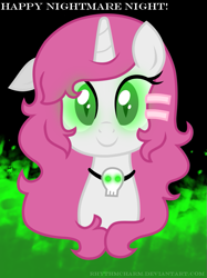 Size: 717x960 | Tagged: safe, artist:rhythmcharm, derpibooru import, oc, oc only, necklace, nightmare night, possessed, solo