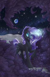 Size: 1000x1532 | Tagged: safe, artist:1jaz, derpibooru import, nightmare rarity, pony, unicorn, female, magic, mare, moon, planet, shadow, solo, space